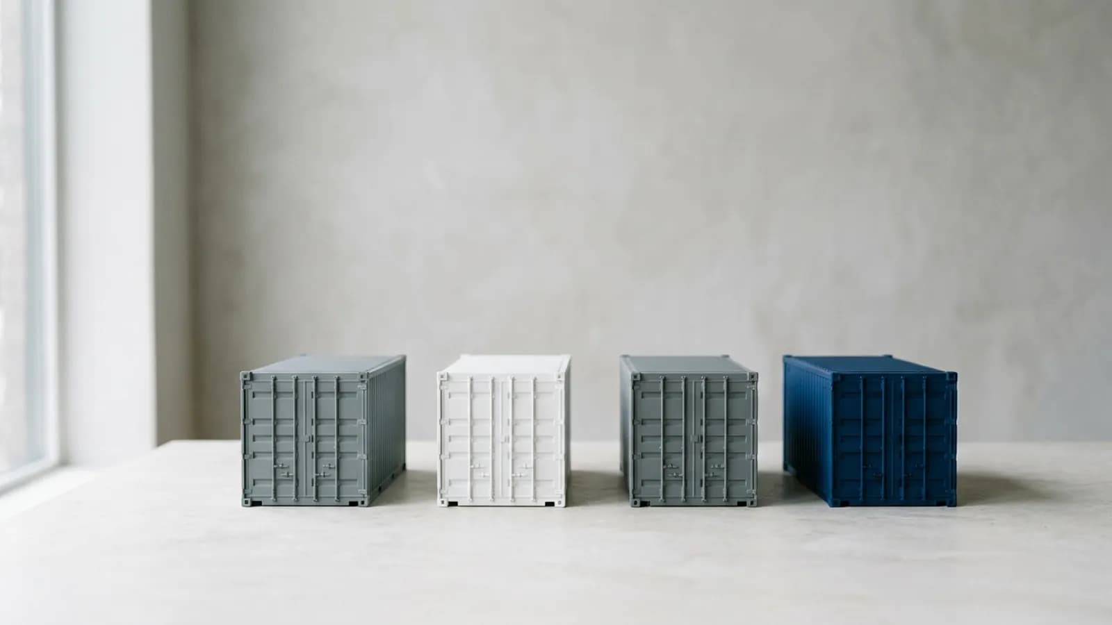 Four small matte shipping containers arranged in a row