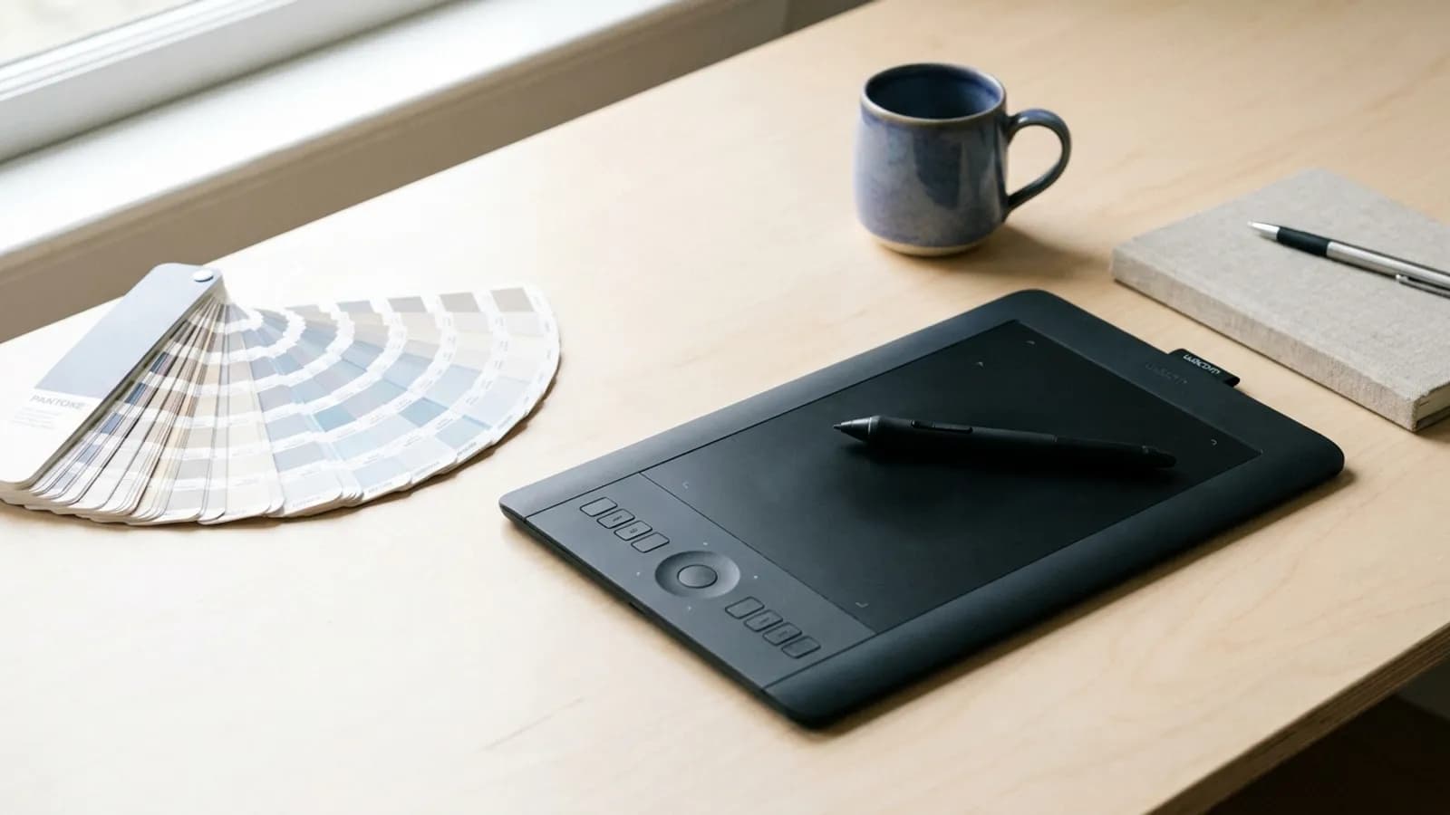 A graphics tablet and stylus beside an opened colour swatch fan