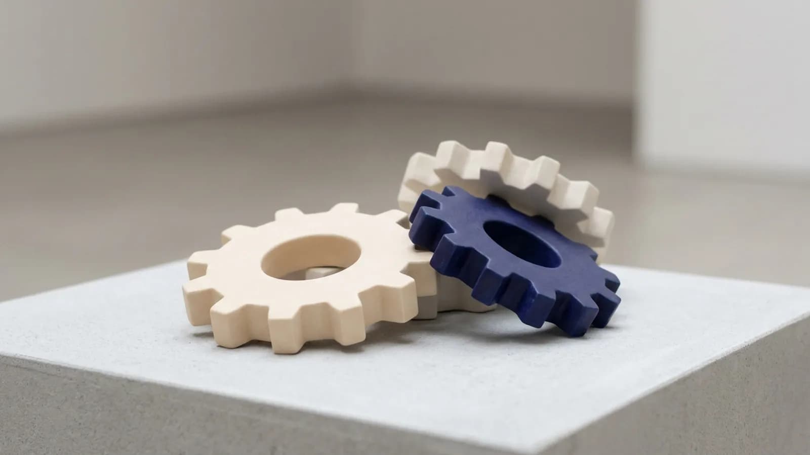 Three pale interlocking ceramic gears on a light surface