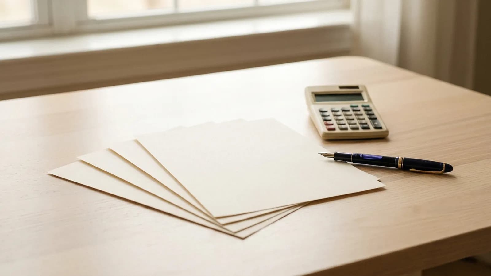 Blank paper forms fanned beside a calculator and a pen